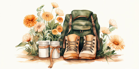 Walking boots or hiking boots and Backpack on white background. Watercolour Illustration with orange and green flower blossom. Travel post card.. - obrazy, fototapety, plakaty