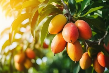 Ripe juicy mango fruits hanging on tree branch, sunlight. Close up of sweet tropical mango on tree, cultivation, farm, mango plantation