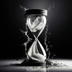 Time's dissolution and time running out: shattered hourglass in a monochromatic whirlwind of seconds - obrazy, fototapety, plakaty