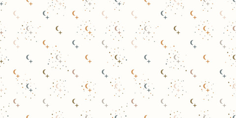 Vector seamless pattern with moon and stars on a beige background. Bohemian mystical pattern. Surface design in soft colors for children's fabric, wrapping paper, and children's room decor. 