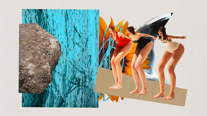 Young women, friends in swimsuit ready to jump, dive into water over abstract background. Contemporary art collage. Concept of summer, vacation, travel and tourism, surrealism, inspiration