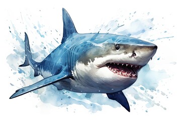 Naklejka premium watercolor Shark Hungry shark illustration with splash watercolor textured background