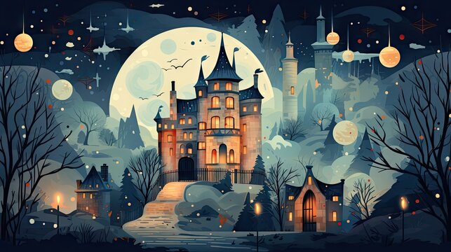  a painting of a castle in the middle of a forest with a full moon in the sky in the background.