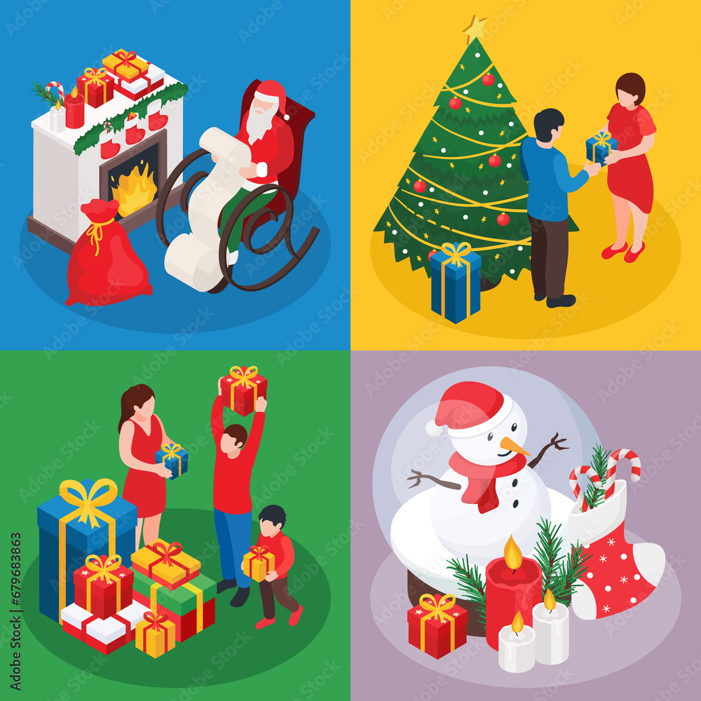 Sticker isometric christmas scene card set