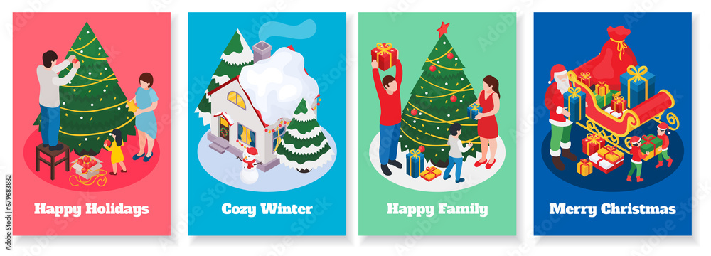 Sticker Isometric Christmas scene card set