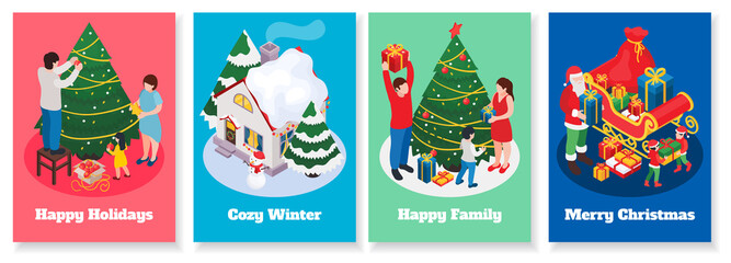 Isometric Christmas scene card set