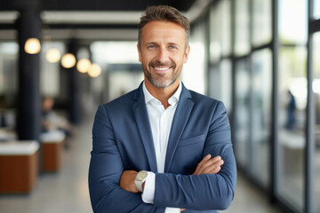 Happy mature, old, senior businessman standing in office.