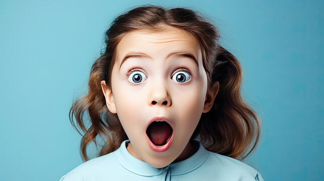 Portrait Of A Surprised Little Girl With Big Eyes And An Open Mouth Looking To The Side