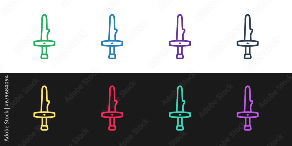 Poster set line dagger icon isolated on black and white background. knife icon. sword with sharp blade. vec