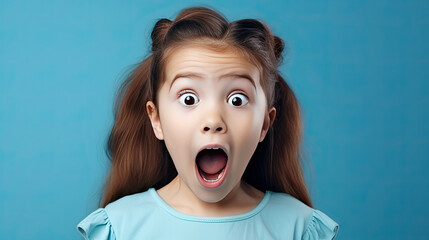 Portrait of a surprised little girl with big eyes and an open mouth looking to the side - obrazy, fototapety, plakaty