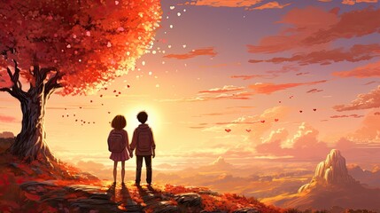 boy and girl holding hands under a tree on a hill enjoying the sunset, banner, poster, back view