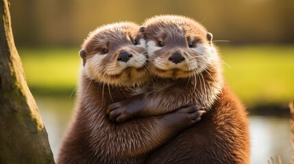 cute otters hug near the water on a sunny day and look at the camera, Lets Hug, banner, poster