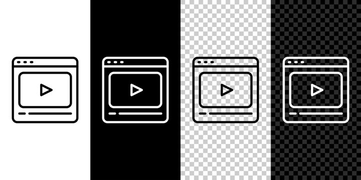 Set line Online play video icon isolated on black and white, transparent background. Film strip with play sign. Vector