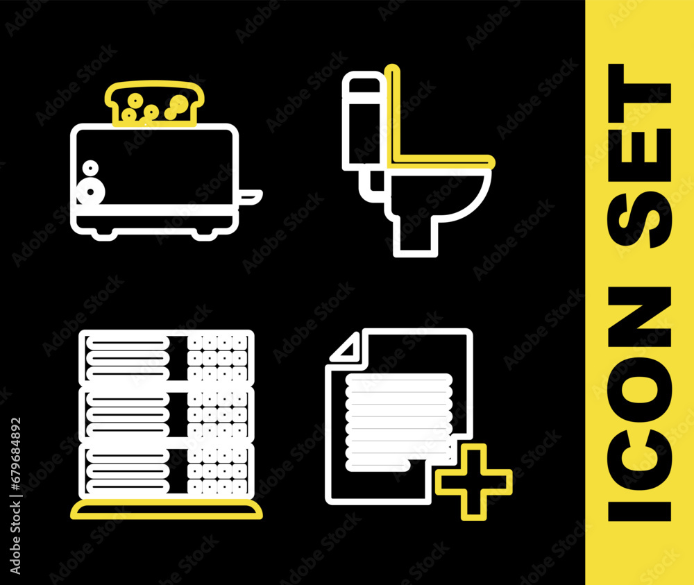 Poster set line toilet bowl, add new file, server, data, web hosting and toaster with toasts icon. vector