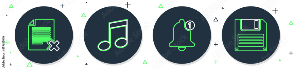 Poster set line music note, tone, bell, delete file document and floppy disk icon. vector