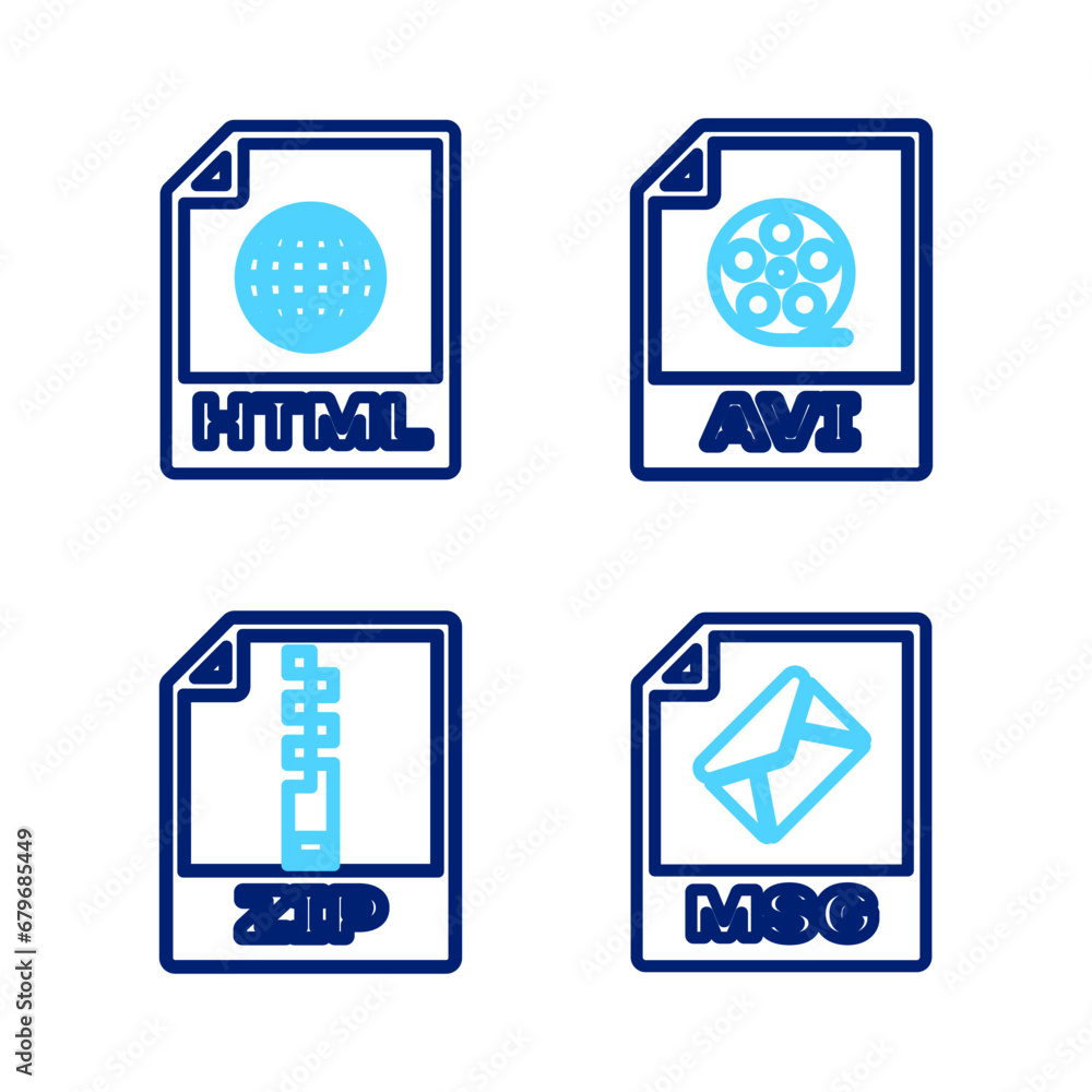 Poster set line msg file document, zip, avi and html icon. vector