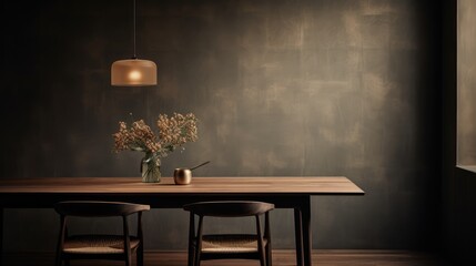  a wooden table with two chairs and a vase of flowers on top of it in front of a dark wall.