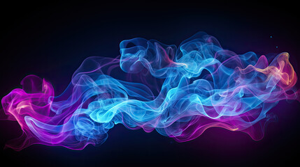 Swirling neon blue and purple multicolored smoke puff cloud design element isolated on black background