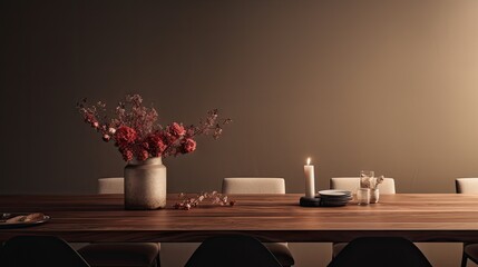  a wooden table with a vase of flowers on top of it next to a candle and plates on the table.