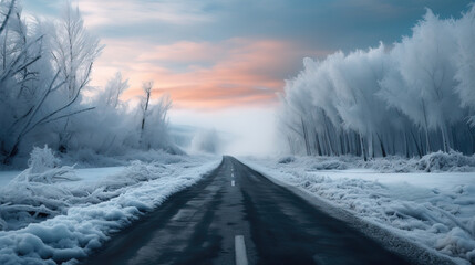 Road in snowy winter day with beautiful landscape - obrazy, fototapety, plakaty