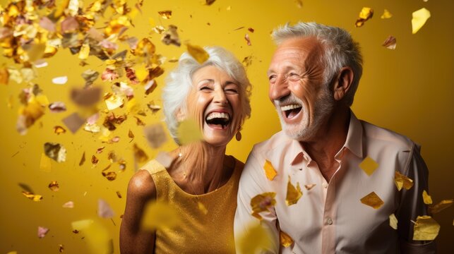  a man and a woman are laughing while confetti is thrown around them on a yellow and yellow background.