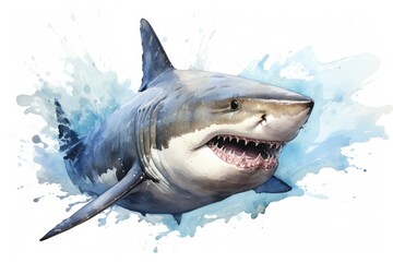 Naklejka premium watercolor Shark Hungry shark illustration with splash watercolor textured background