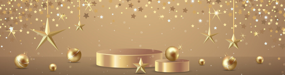 Gold christmas balls on gold podium with stars