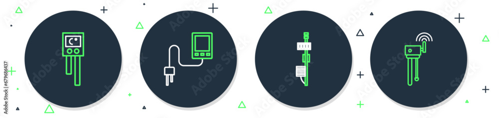 Poster set line sensor, standalone sensor, temperature humidity and router wi-fi signal icon. vector