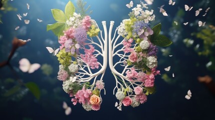Inside human body. Healthy bronchi art, illustration. Breathe organ lungs. Covid 19 pandemic corona virus. Asthma bronchitis disease. Health care. Lungs with flowers and butterflies concept. Fresh air