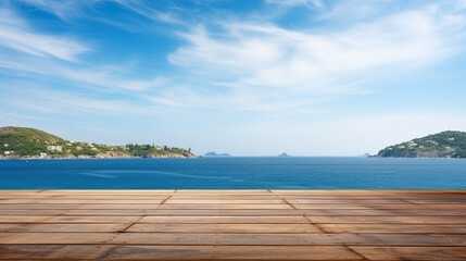 Fototapeta premium Wood table top on blur summer blue sea and sky background - can be used for display or montage your products