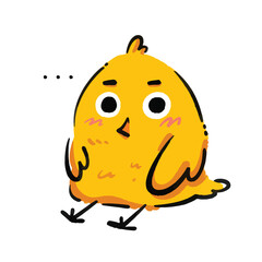 Cute yellow baby chicken chick sitting on the ground, bored doing nothing and waiting. Simple flat cartoon art styled drawing for children books or tshirt prints.