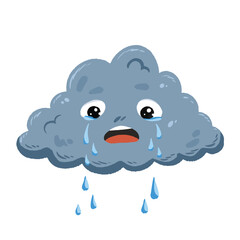 Crying emotional sad cloud having a bad day causing rain fall. Simple flat cartoon art styled drawing isolated on square white background for children books or tshirt prints.