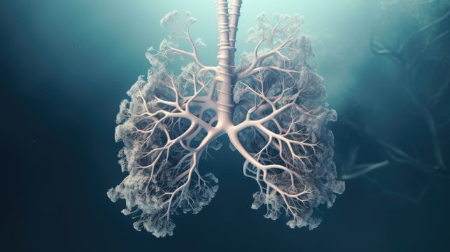 Inside human body. Unhealthy bronchi art, illustration. Carcinoma infection. Breathe organ lungs concept. Covid 19 pandemic corona virus. Asthma bronchitis disease. Health care. Gray trees