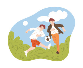 Two young men play football, vector illustration isolated on white