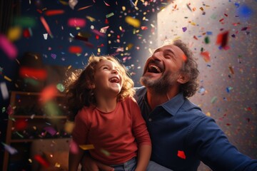 happy young girl and dad smiling rejoice and lots of colorful confetti in the air in room. birthday