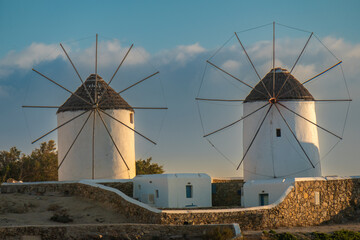 The iconic Mykonos windmills Mykonos island, Cyclades Islands, Aegean Sea, Greece, Built by the...