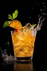 Mai tai cocktail with liquid splashes and orange slice flying in the air on black background