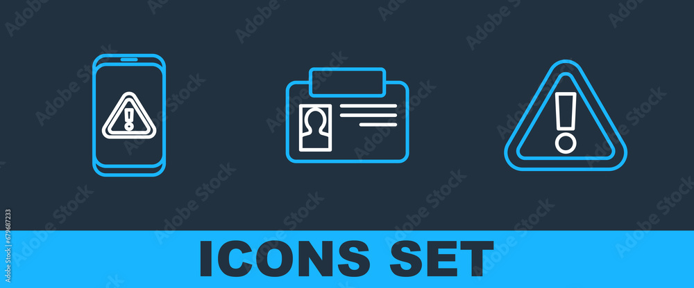 Poster set line exclamation mark in triangle, mobile with exclamation and identification badge icon. vector