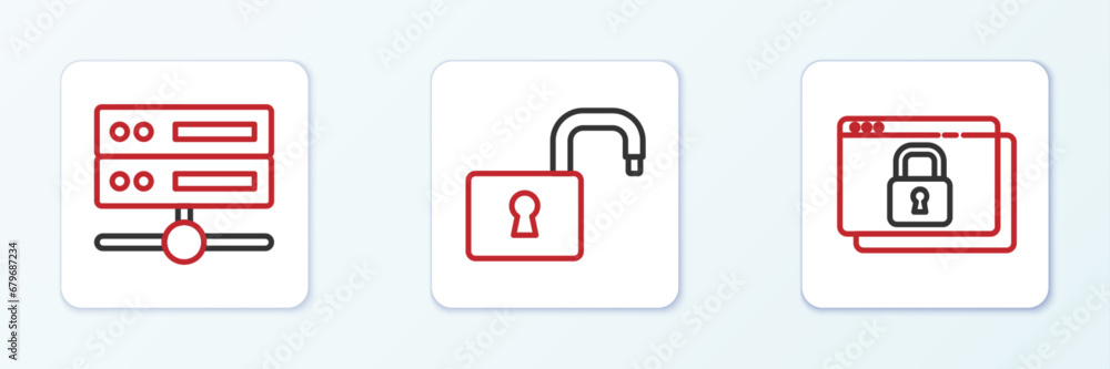 Poster set line secure your site with https, ssl, server, data, web hosting and open padlock icon. vector