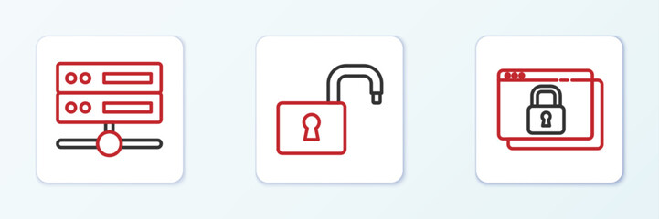 Set line Secure your site with HTTPS, SSL, Server, Data, Web Hosting and Open padlock icon. Vector