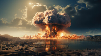 a nuclear bomb in the middle of a city at night, burning fire in the sky,Nuclear Explosion, Mushroom cloud, f a nuclear bomb, aerial view, top view