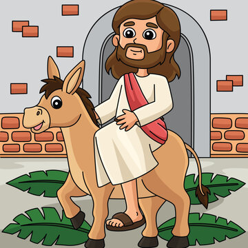 Christian Jesus on Palm Sunday Colored Cartoon