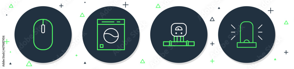 Poster set line washer, smart sensor, computer mouse and flasher siren icon. vector