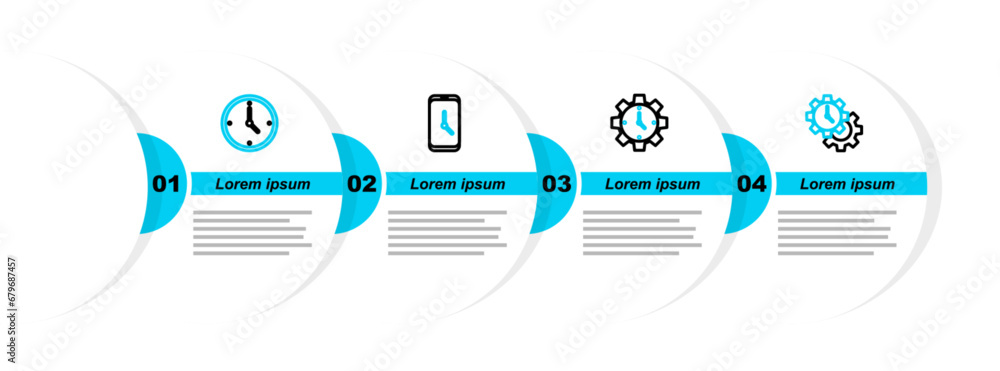 Poster set line time management, alarm clock app mobile and clock icon. vector