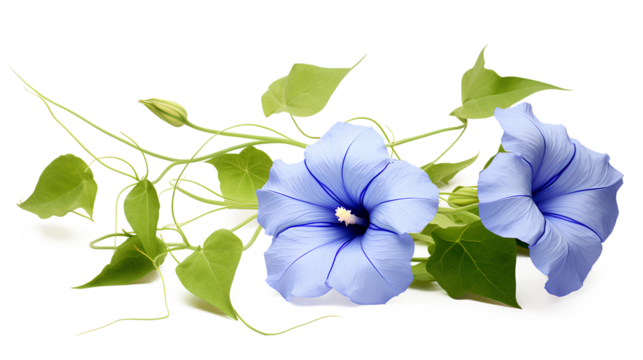Blue Morning Glory flower floral and green leaf on a transparent background, Generative AI