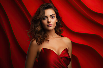 beautiful brunette woman in a red dress posing on red background - obrazy, fototapety, plakaty