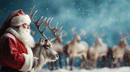  a man dressed as santa claus holding a reindeer's antlers in front of a group of reindeers. - obrazy, fototapety, plakaty