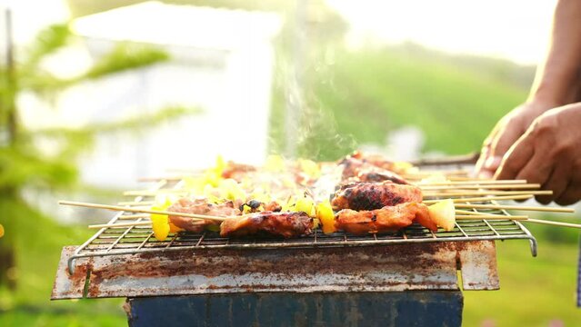 Assorted delicious grilled meat with vegetables on barbecue grill with smoke and flames. Grilling some kind of meats on the Charcoal stove grill during lovely summer time, food concept.