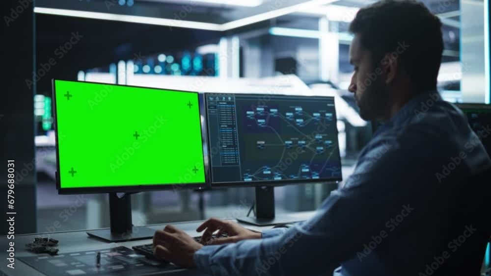 Fototapete Professional Male IT Technical Support Specialist and Software Developer Working on Computer with Green Screen Mock-display in Monitoring Control Room. Programmer Fixing Hiccups in Service