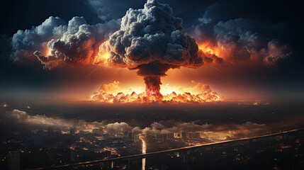  a nuclear bomb in the middle of a city at night, burning fire in the sky,Nuclear Explosion, Mushroom cloud - obrazy, fototapety, plakaty